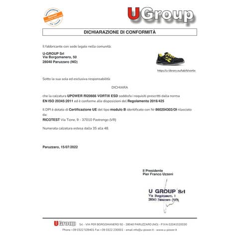 Scarpe antinfortunistiche in pelle scamosciata Vortix S1P SRC ESD giallo-nere U-Power N° 44 - RI20666-44